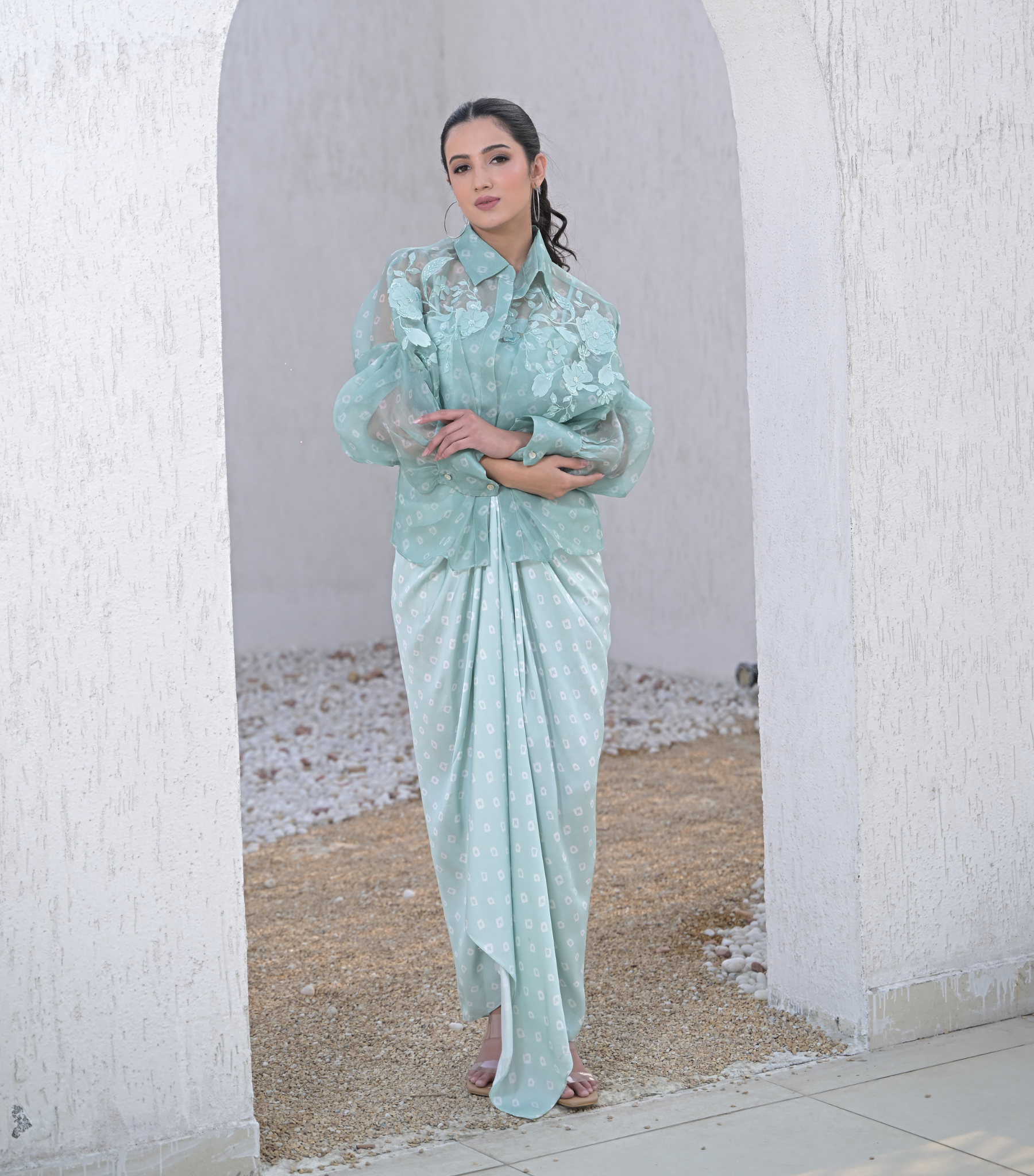 FLORIS BANDHANI SHIRT WITH PLEATED SKIRT SET