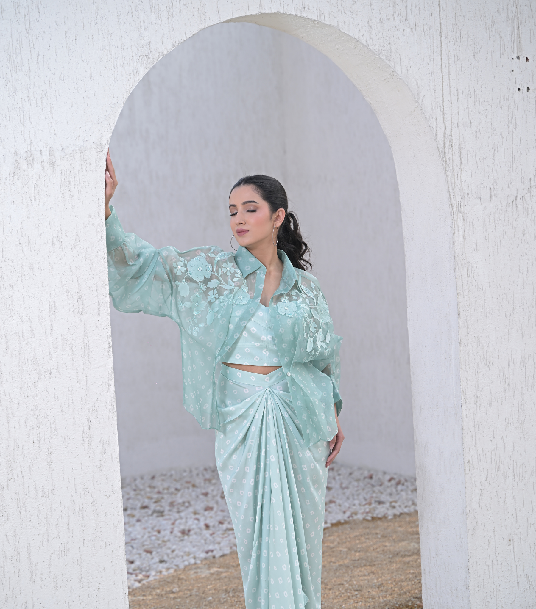 FLORIS BANDHANI SHIRT WITH PLEATED SKIRT SET