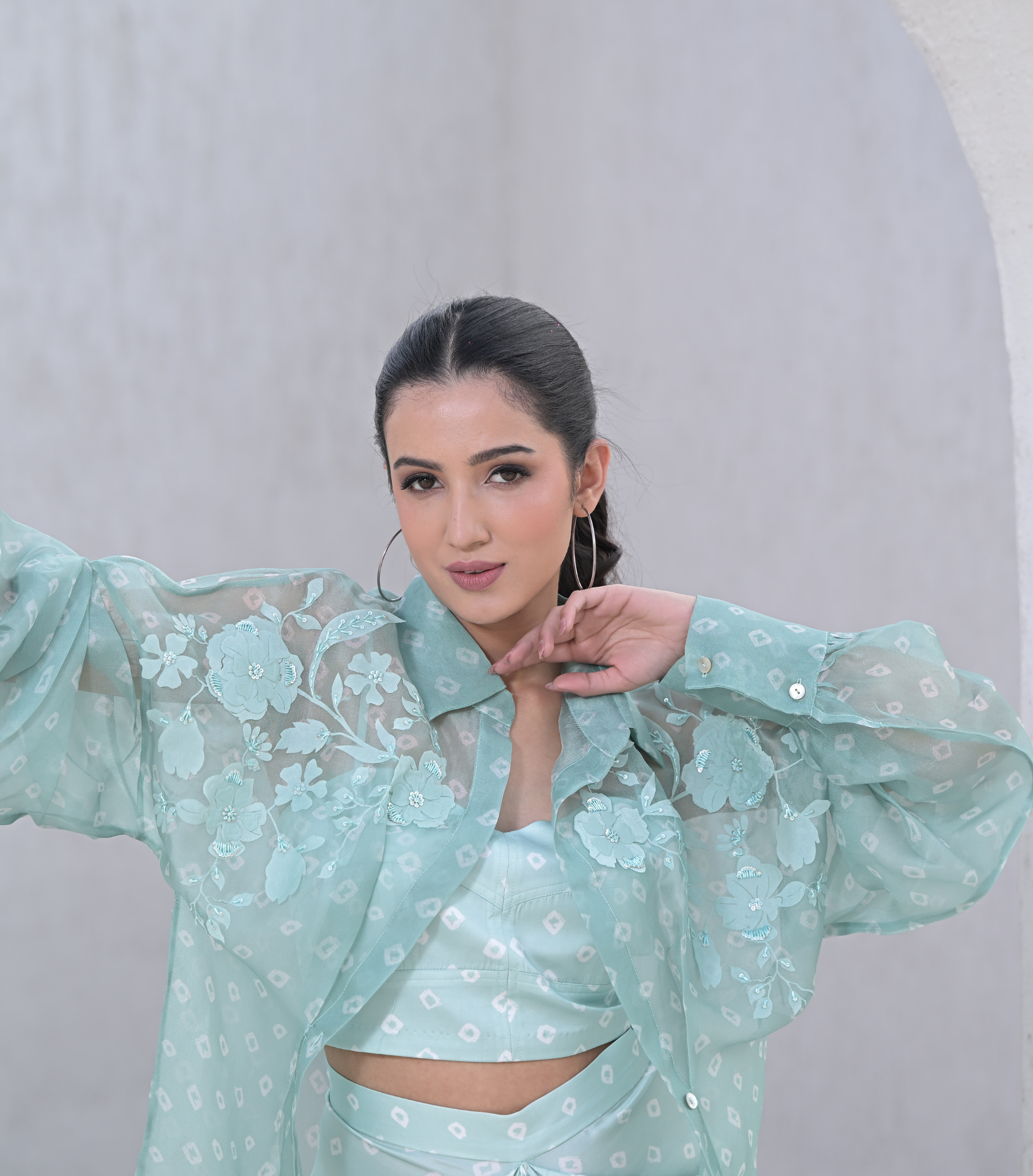 FLORIS BANDHANI SHIRT WITH PLEATED SKIRT SET