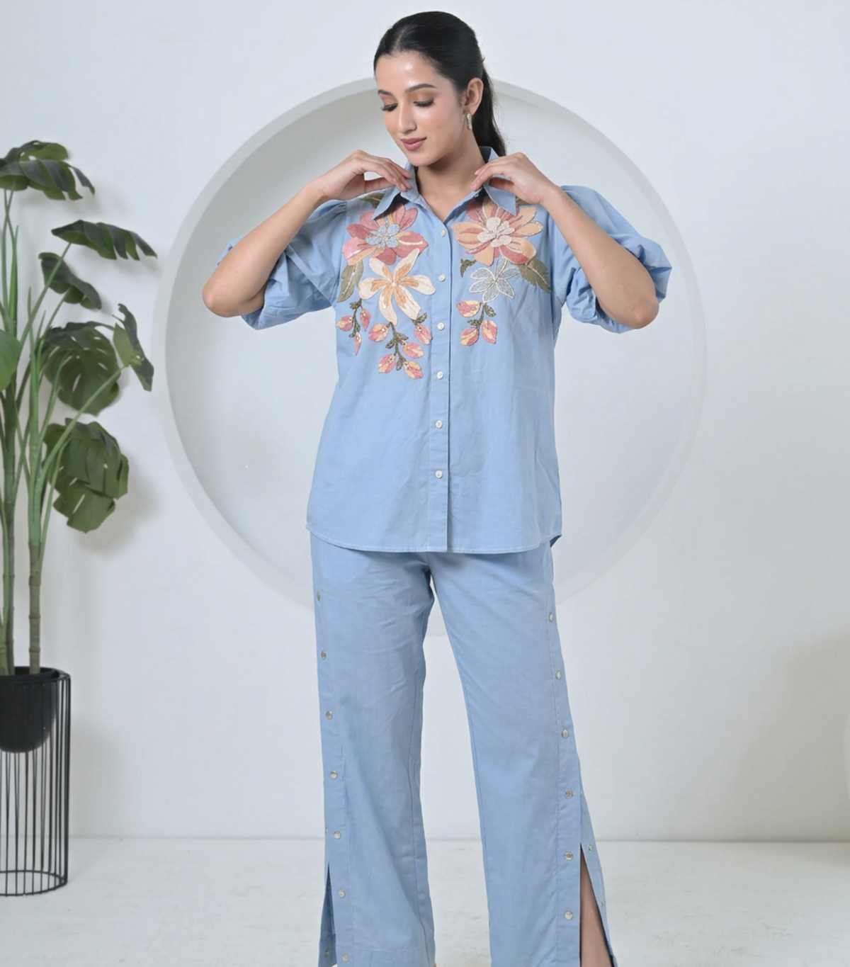 DUPION BIG FLOWER SHORT BALLOON SLEEVES CO-ORD SET