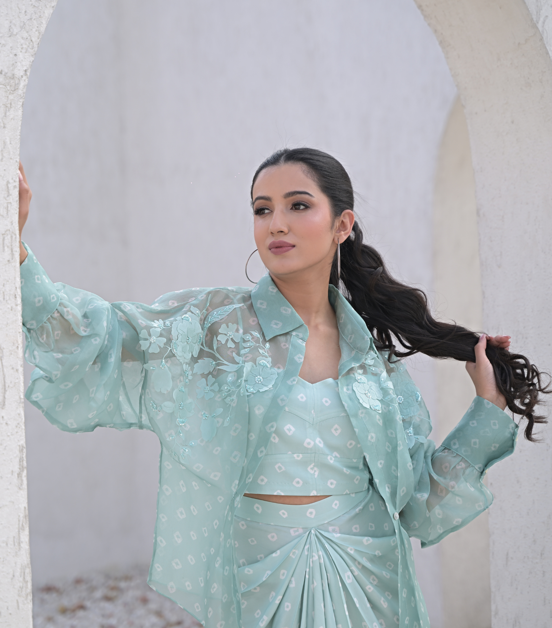 FLORIS BANDHANI SHIRT WITH PLEATED SKIRT SET