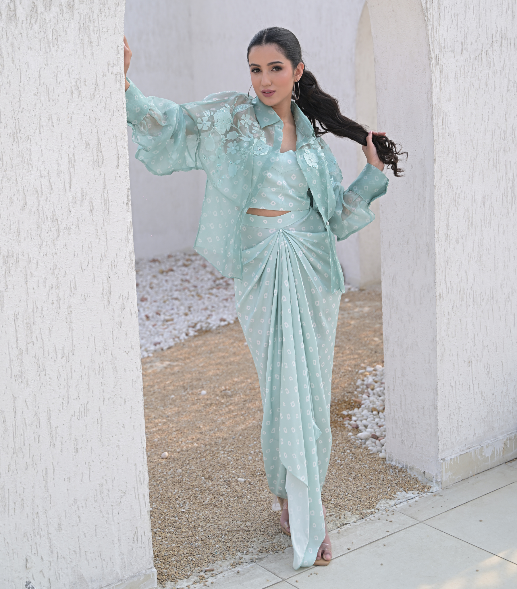 FLORIS BANDHANI SHIRT WITH PLEATED SKIRT SET