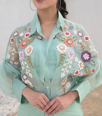 SEA BLUE FLORIUM SHIRT WITH KNOT SKIRT SET