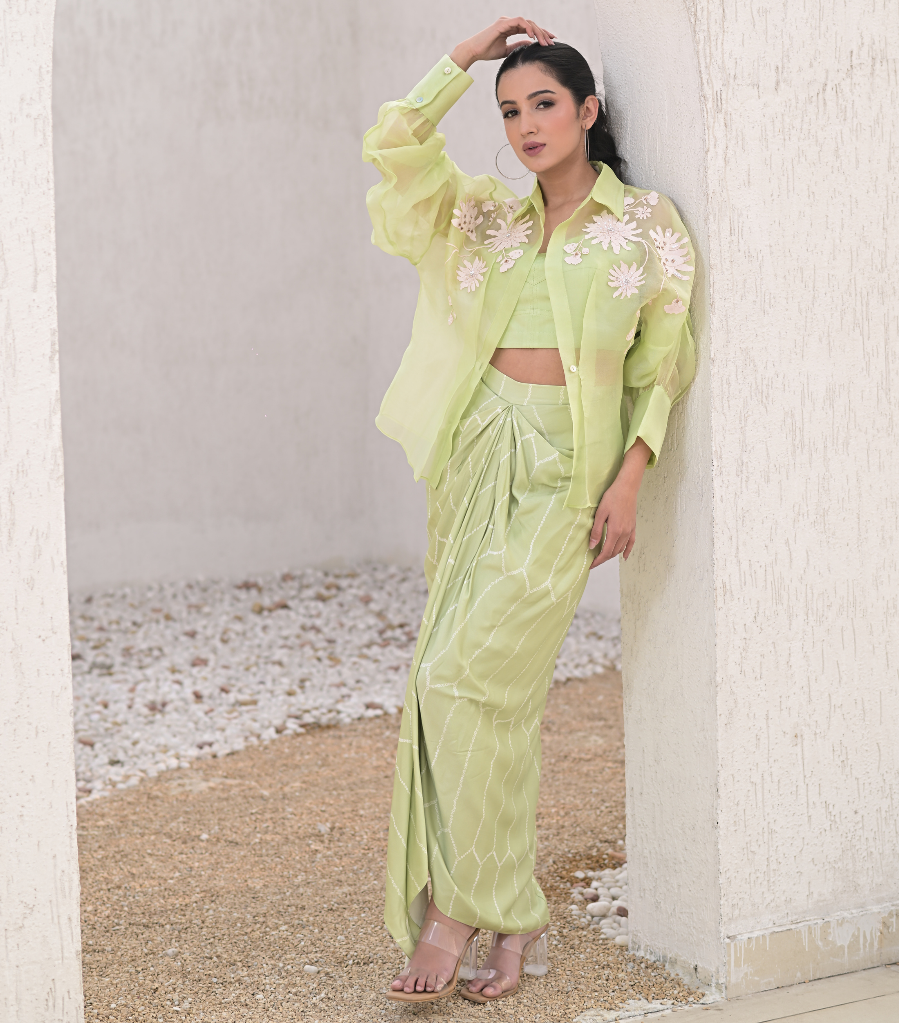 FLORET BLOOM SHIRT WITH BANDHANI PLEATED SKIRT SET