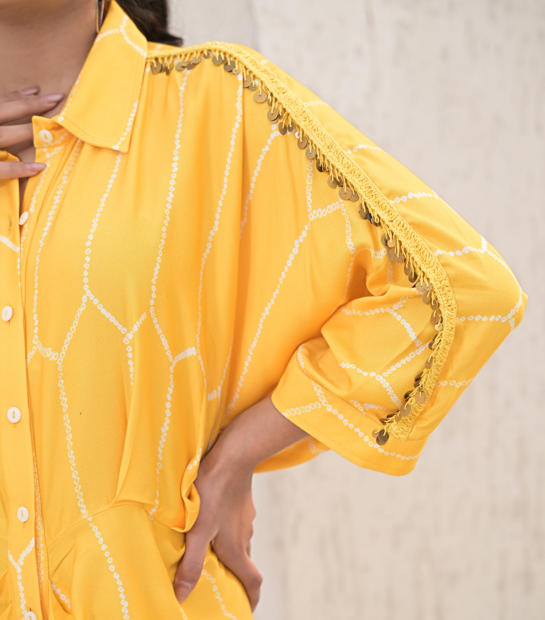 SUNLIT TASSEL LACE BANDHANI GATHERED DRESS