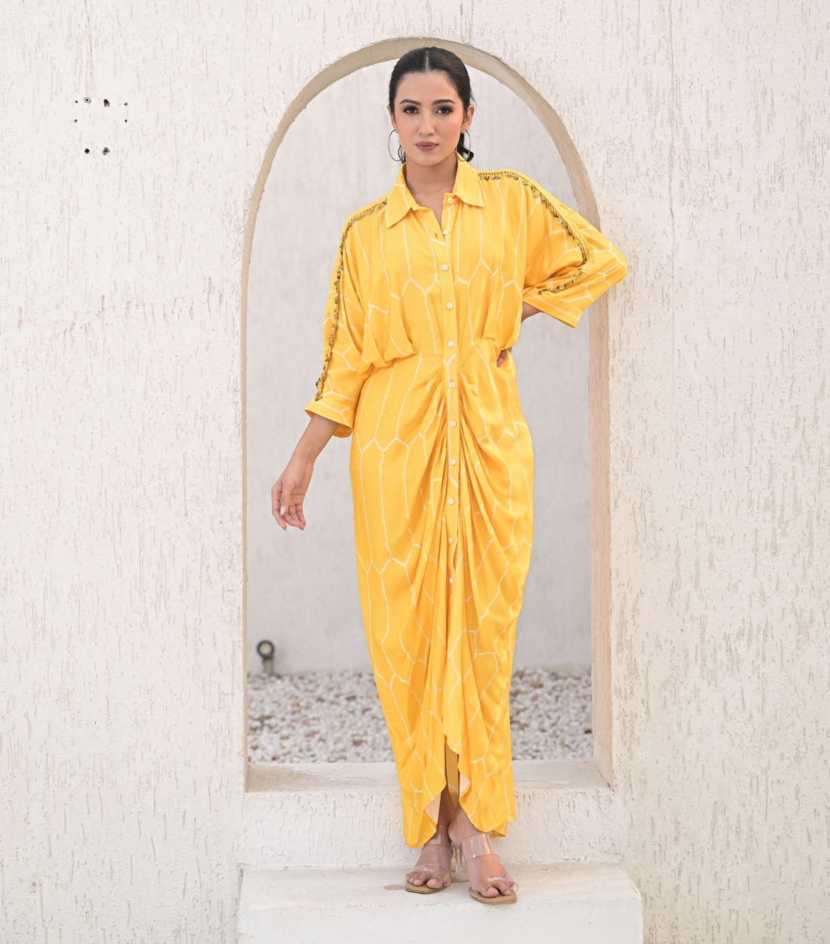 SUNLIT TASSEL LACE BANDHANI GATHERED DRESS