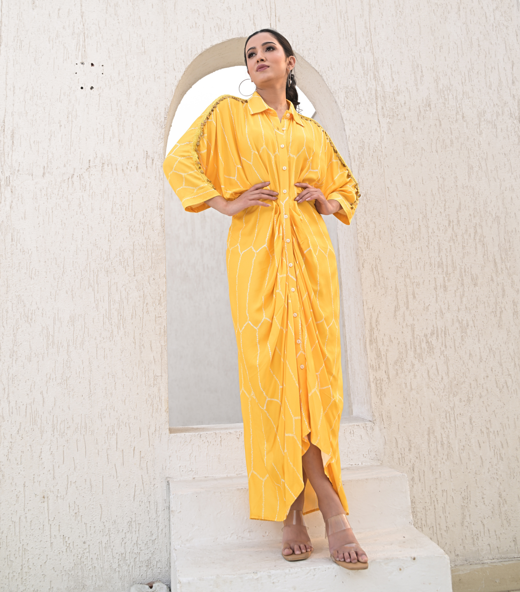 SUNLIT TASSEL LACE BANDHANI GATHERED DRESS