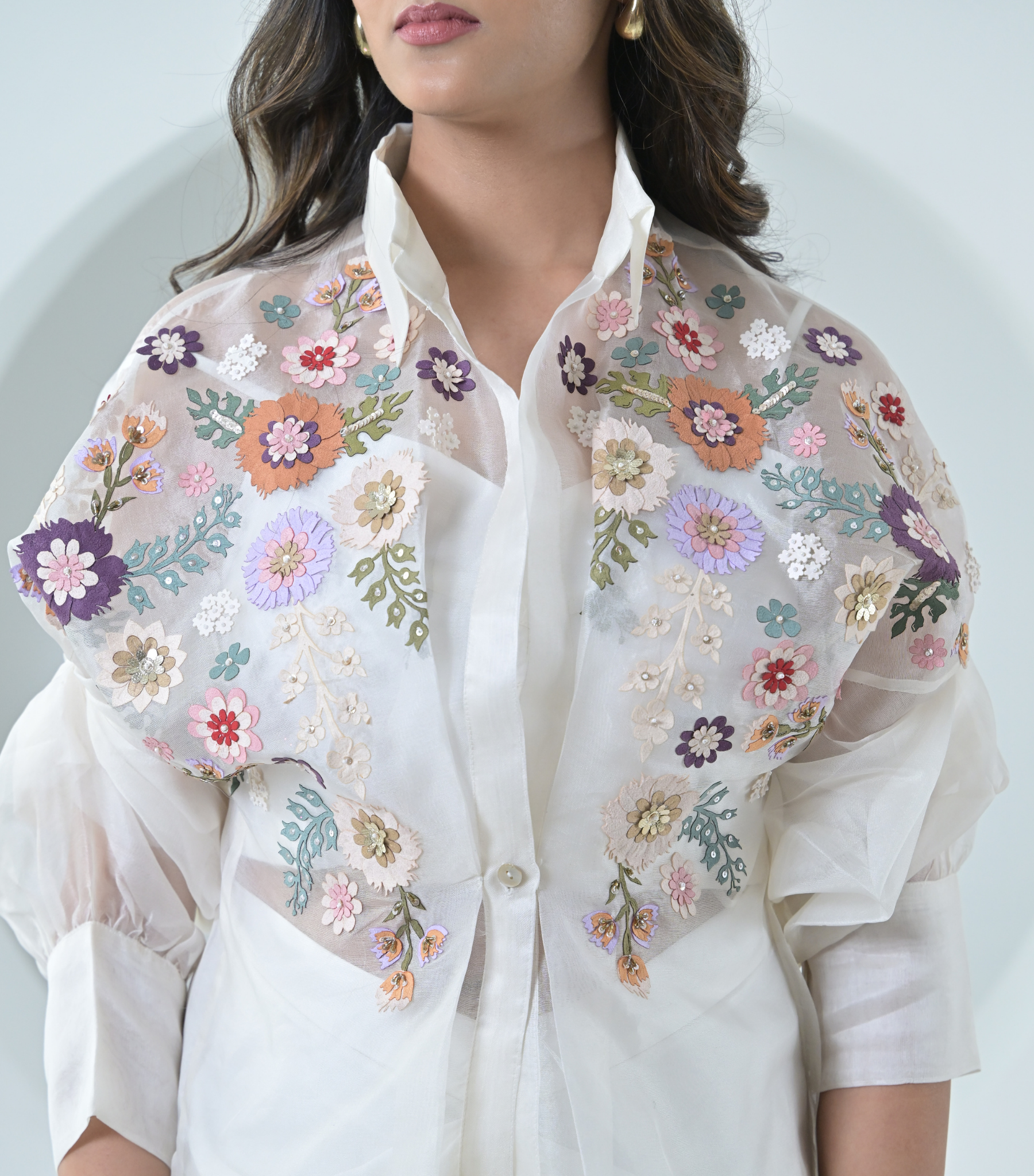IVORY FLORIUM SHIRT WITH PLEATED SKIRT SET