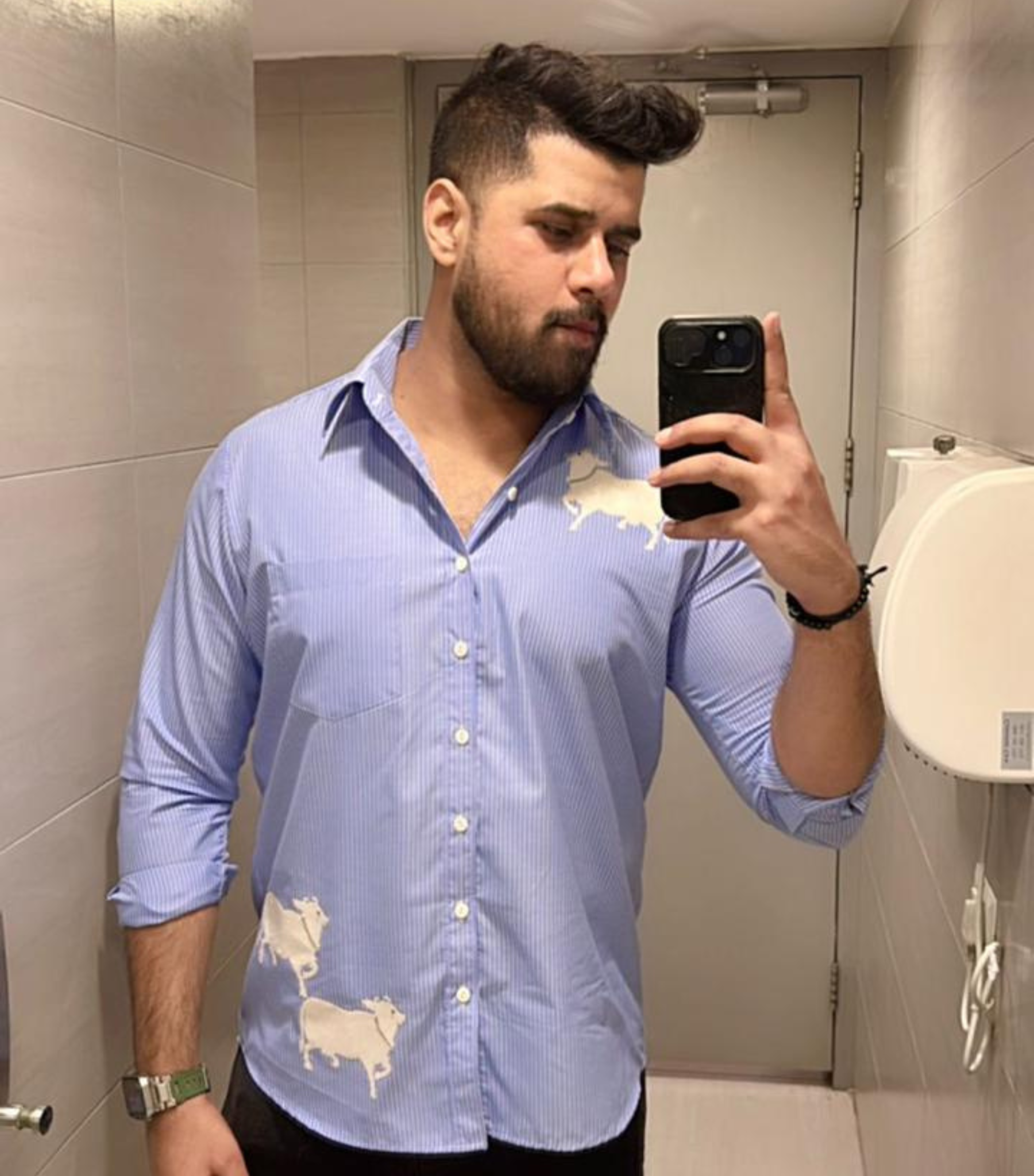 THATSMYPLATE - BLUE PATCHED STRIPES SHIRT WITH BIRD
