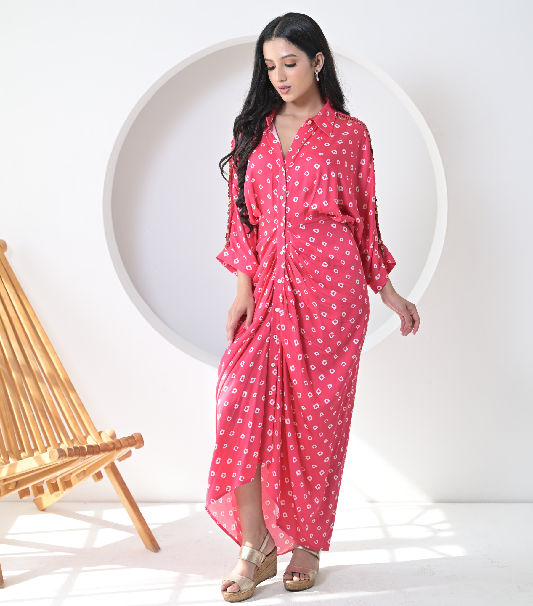 ROSE TASSEL LACE BANDHANI GATHERED DRESS