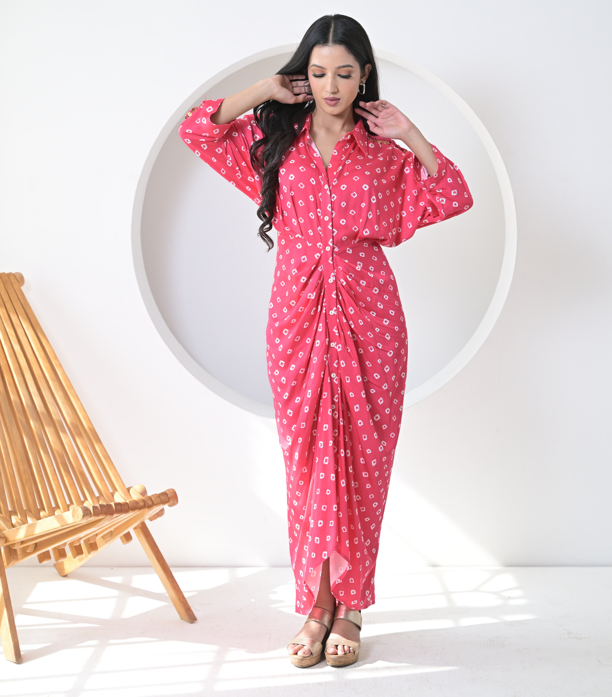 ROSE TASSEL LACE BANDHANI GATHERED DRESS