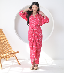 ROSE TASSEL LACE BANDHANI GATHERED DRESS