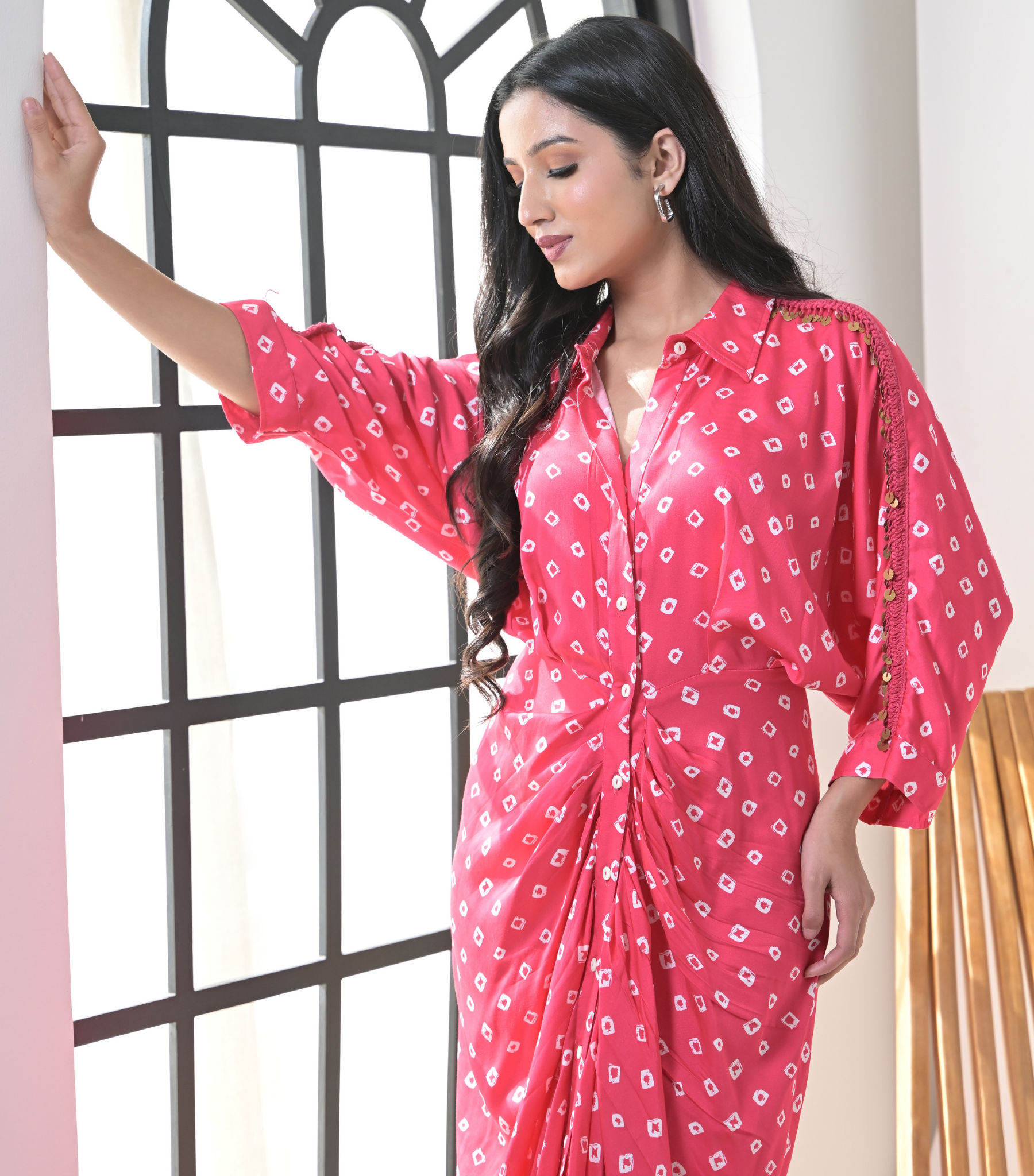 ROSE TASSEL LACE BANDHANI GATHERED DRESS