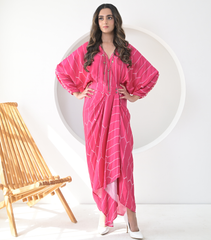 RADIANT ROSE BANDHANI DRAPE DRESS WITH HANDWORK