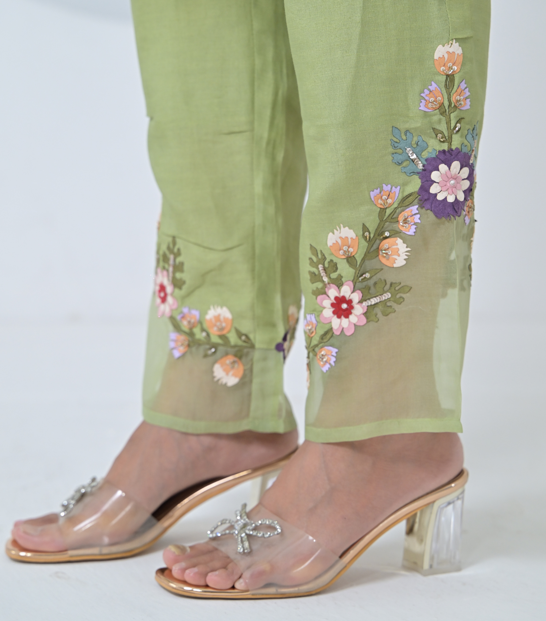 LIME GREEN PHOOL-PATTI TUNIC SET WITH EMBROIDERED PANTS