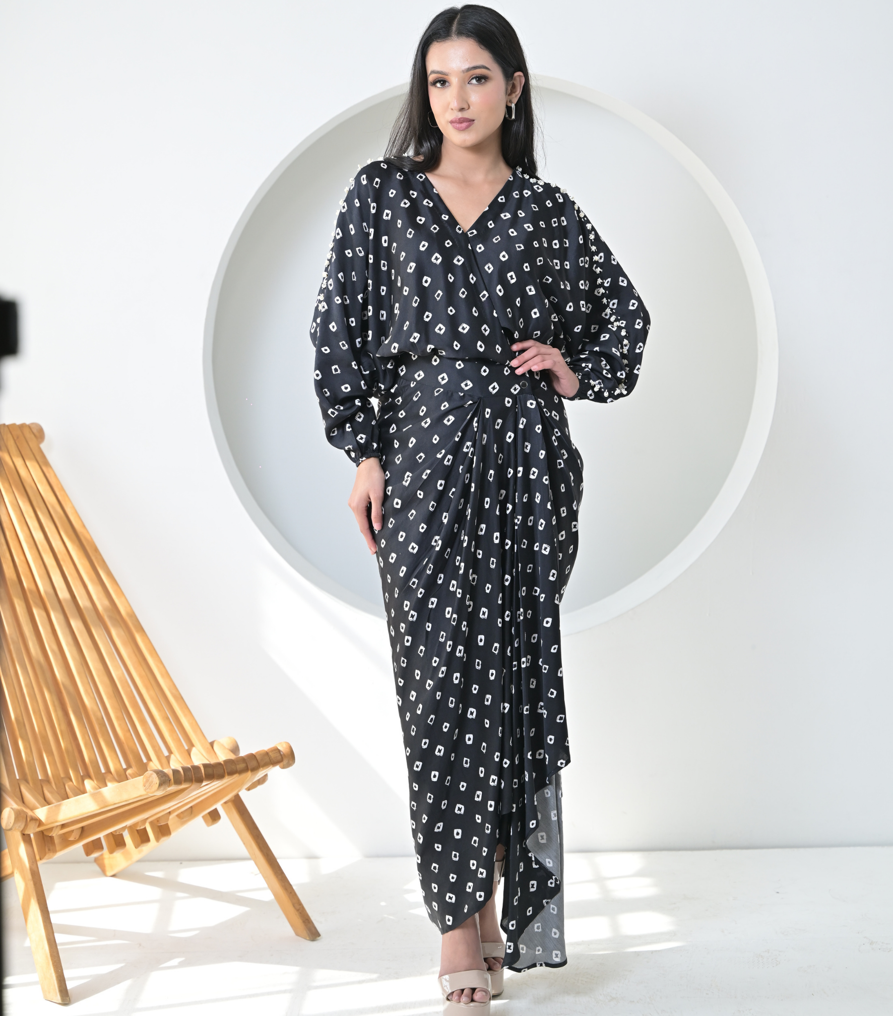 BLACK BANDHANI DRAPE DRESS