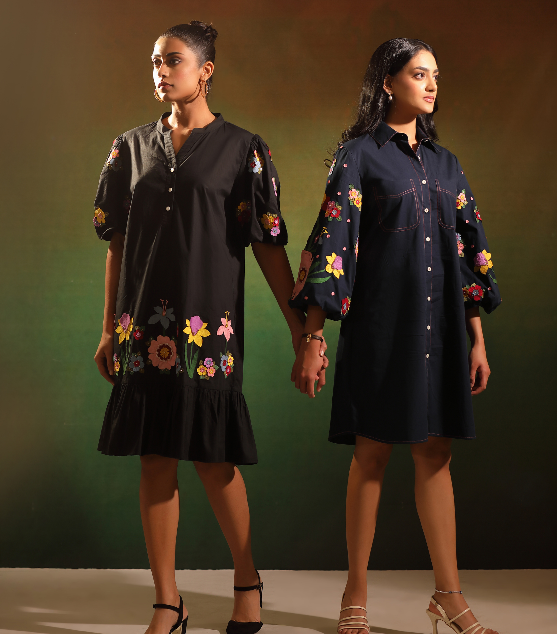 NAVY GARDEN BLOOM BADABAGH SHIRT STYLE DRESS