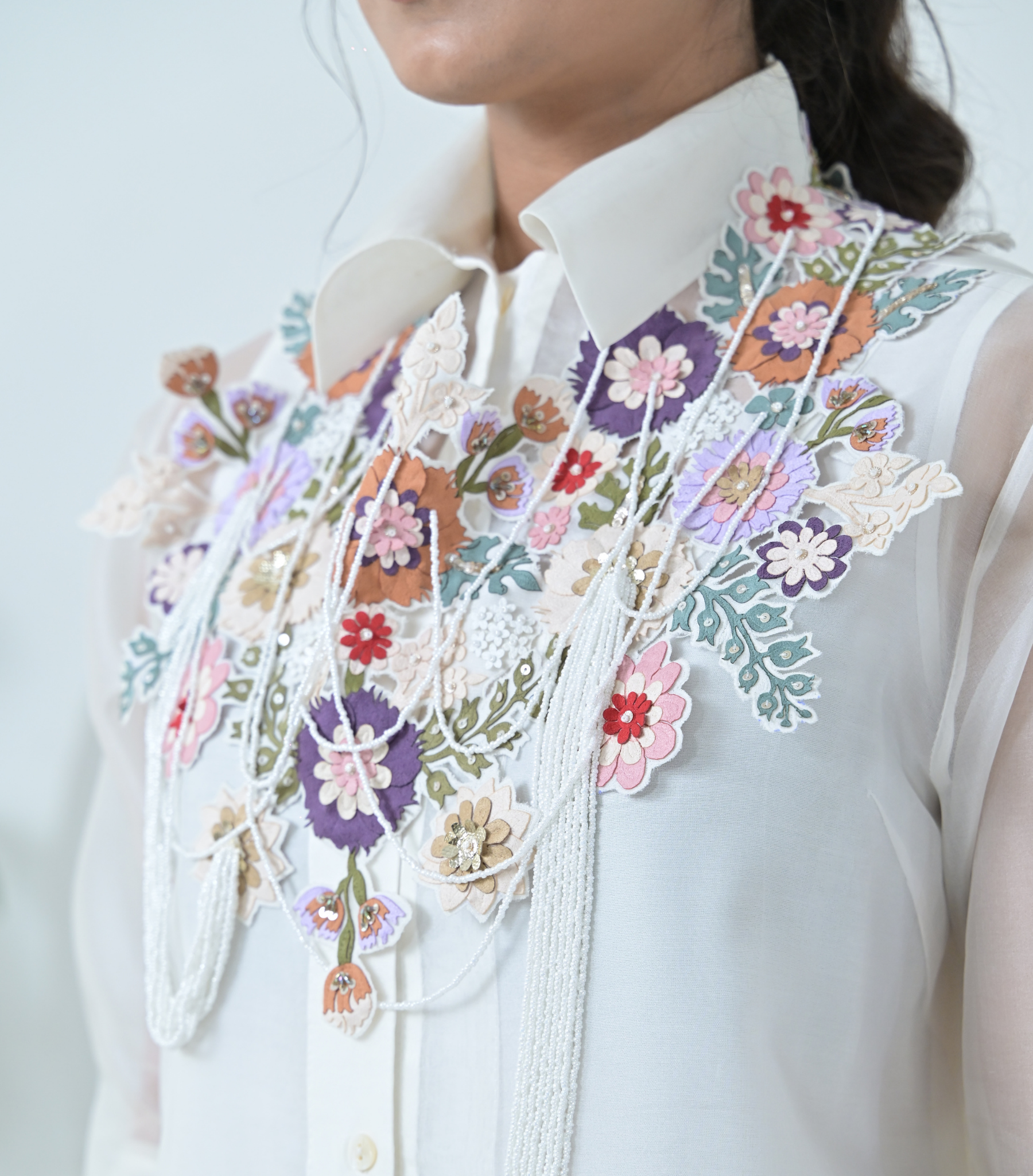 PHOOL-PATTI BEADED TASSELS DETACHABLE NECKPIECE SHIRT COORD SET