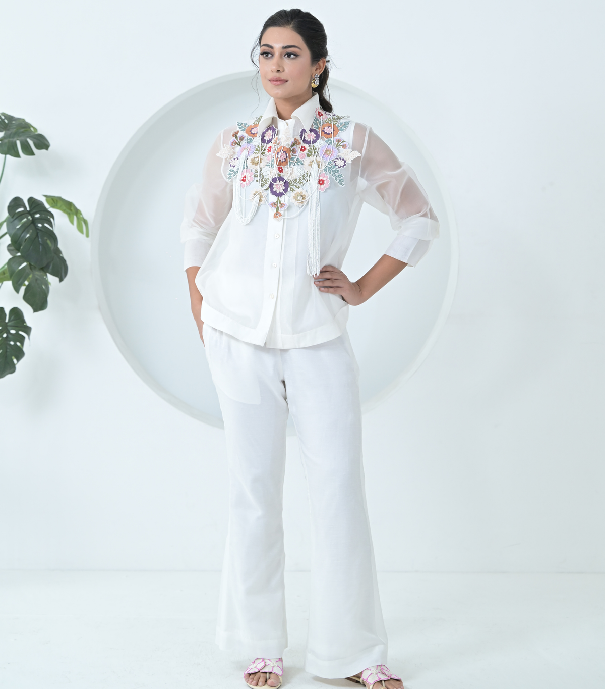 PHOOL-PATTI BEADED TASSELS DETACHABLE NECKPIECE SHIRT COORD SET