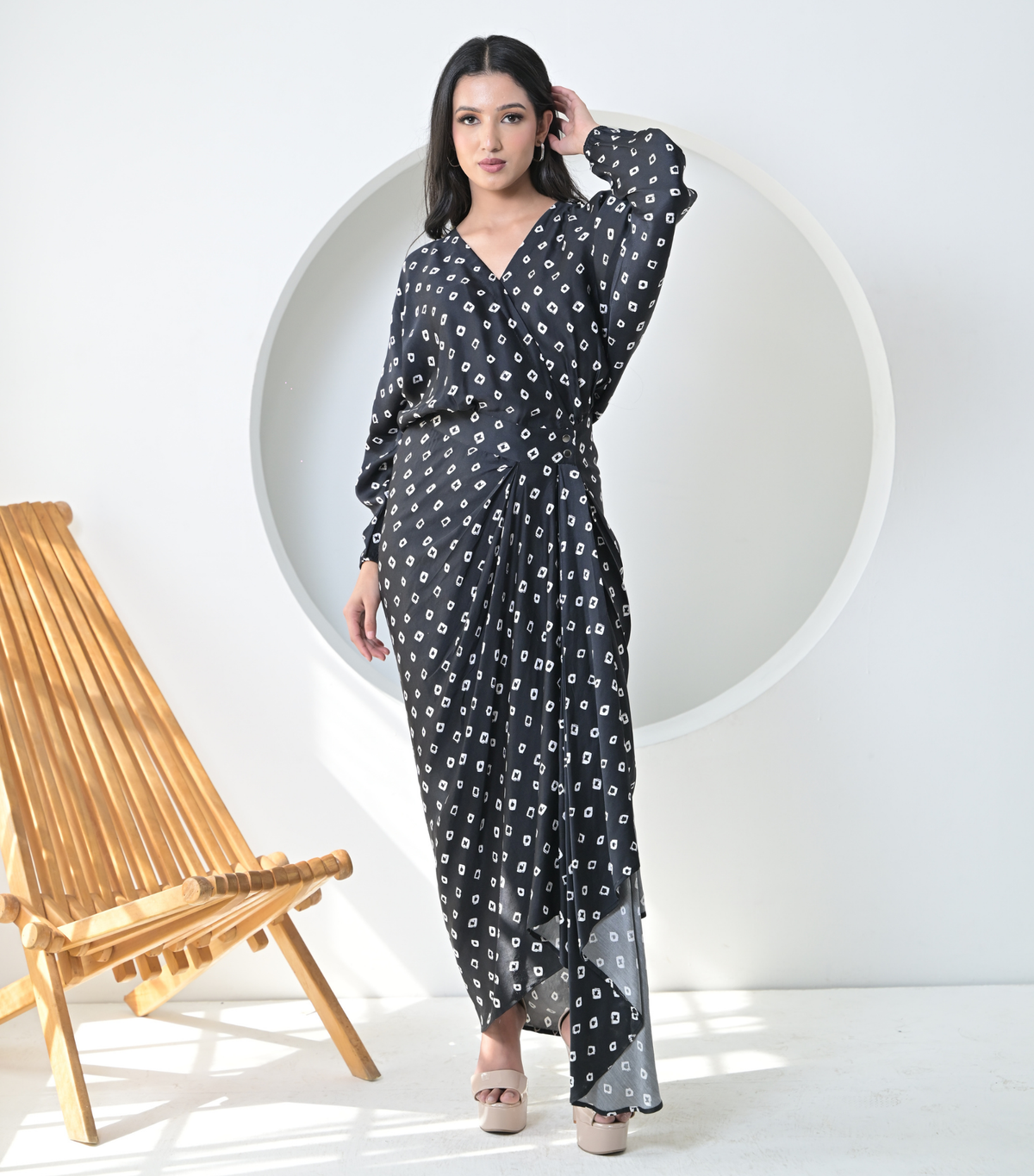 BLACK BANDHANI DRAPE DRESS