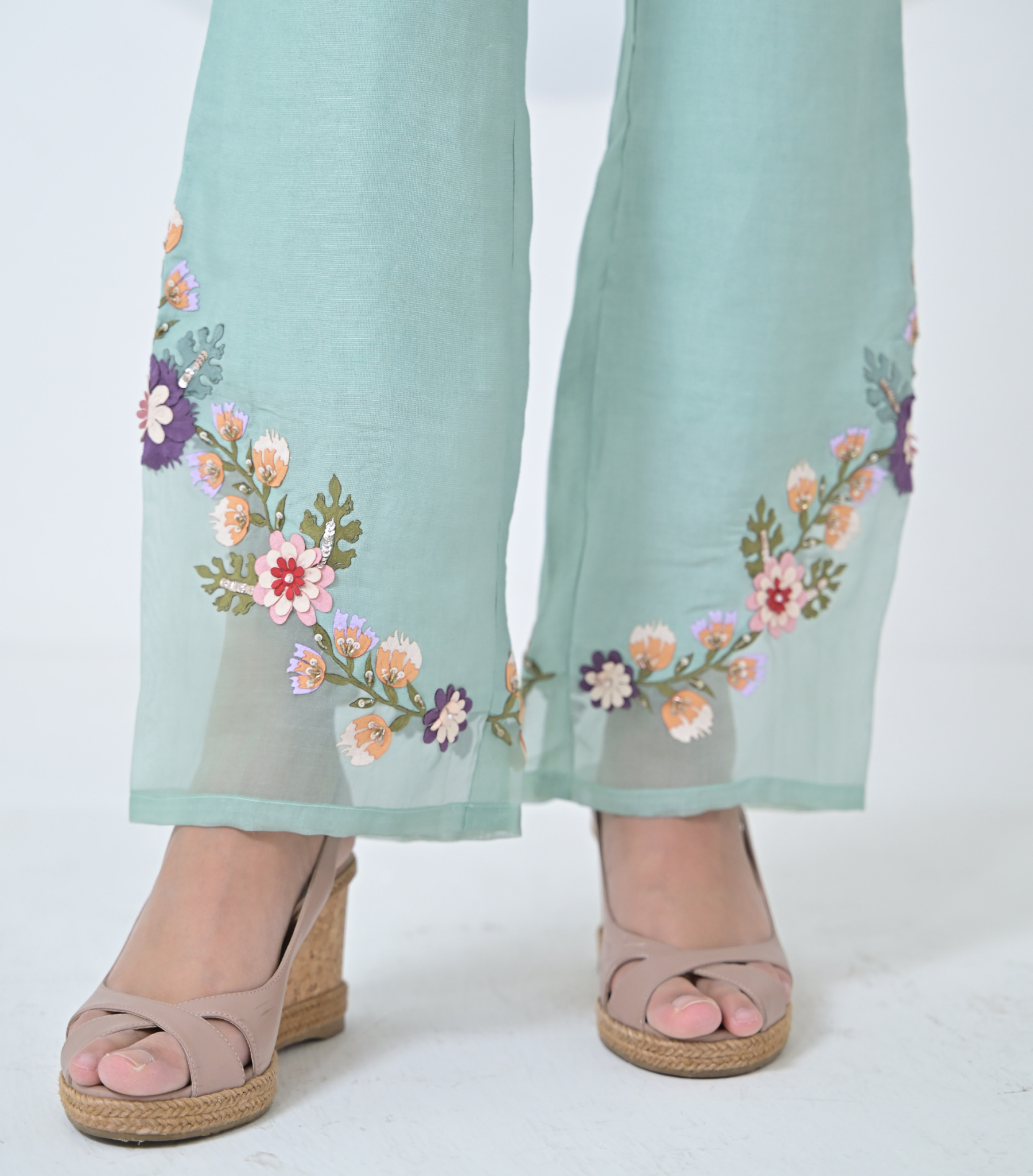 SEA BLUE PHOOL-PATTI TUNIC SET WITH EMBROIDERED PANTS