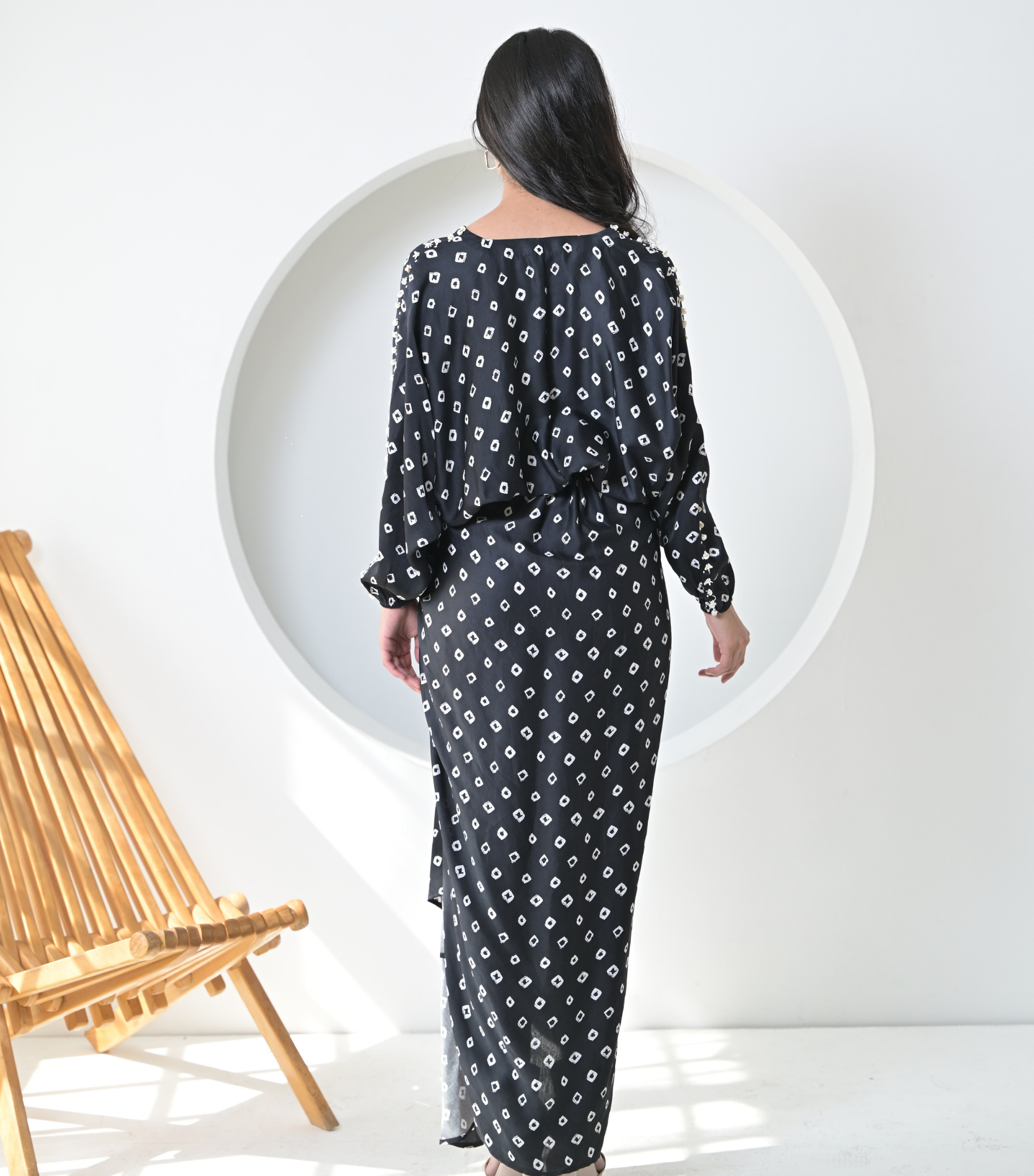 BLACK BANDHANI DRAPE DRESS