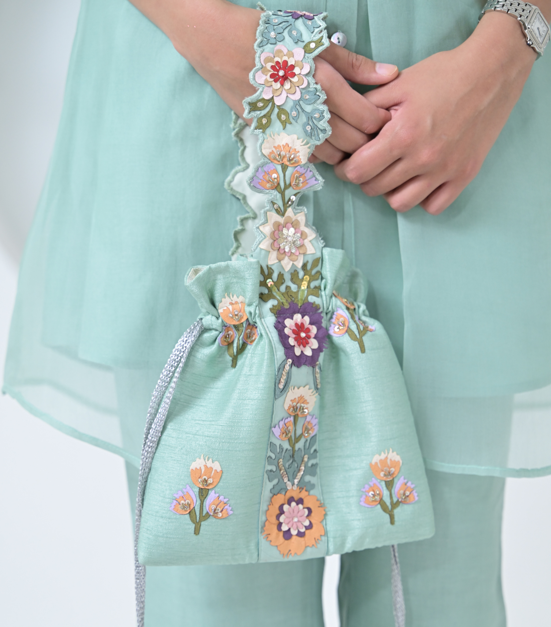 SEA BLUE PHOOL-PATTI TUNIC SET WITH EMBROIDERED PANTS