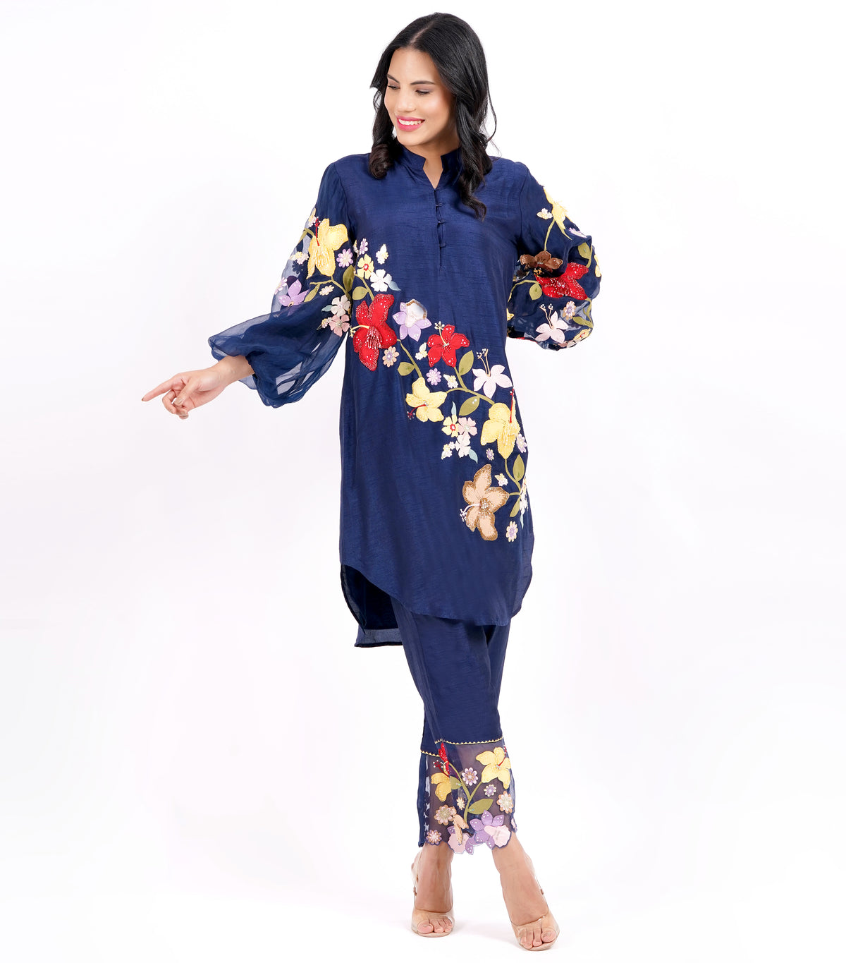 NAVY VALLEY OF FLOWER TUNIC SET