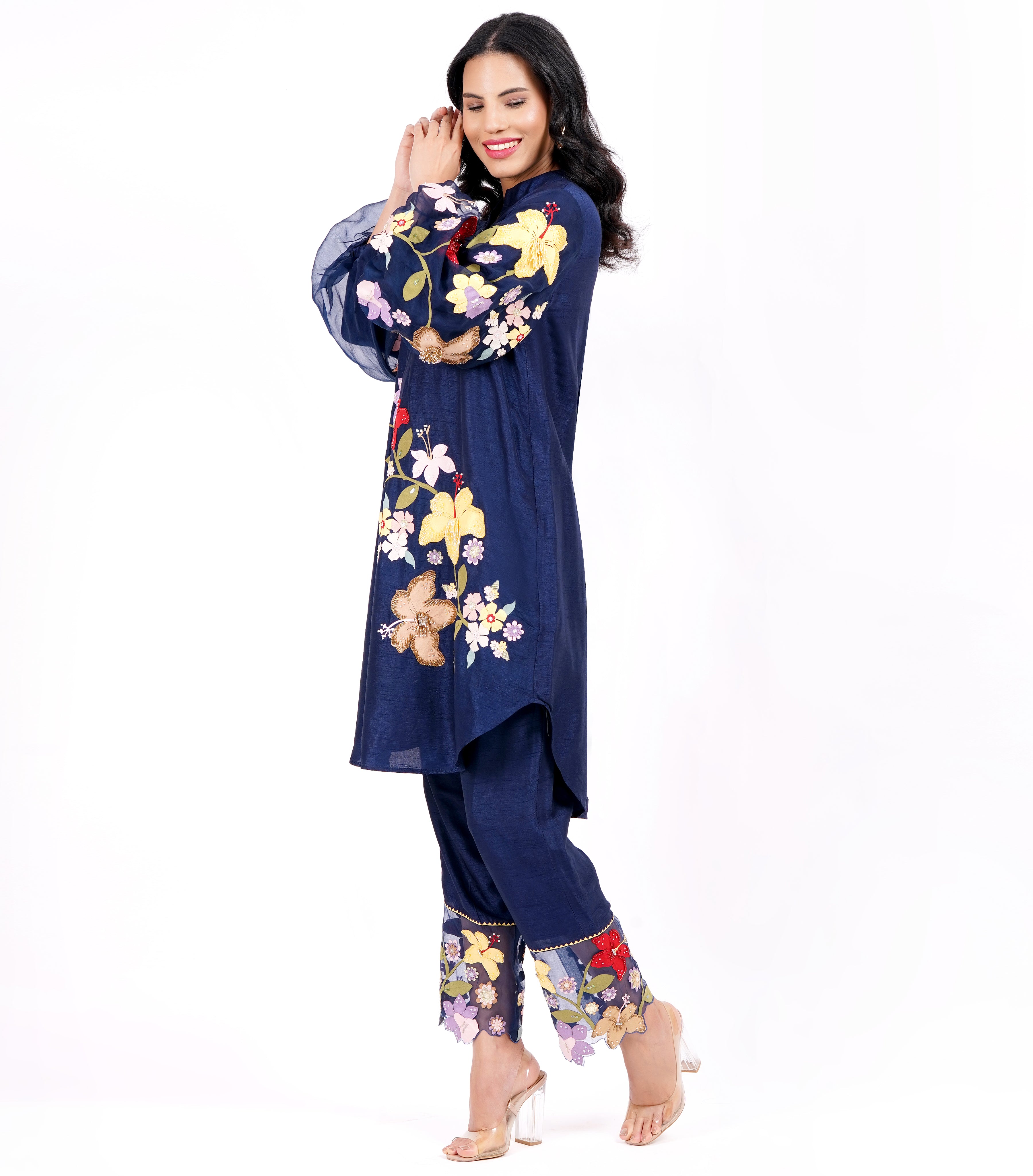 NAVY VALLEY OF FLOWER TUNIC SET