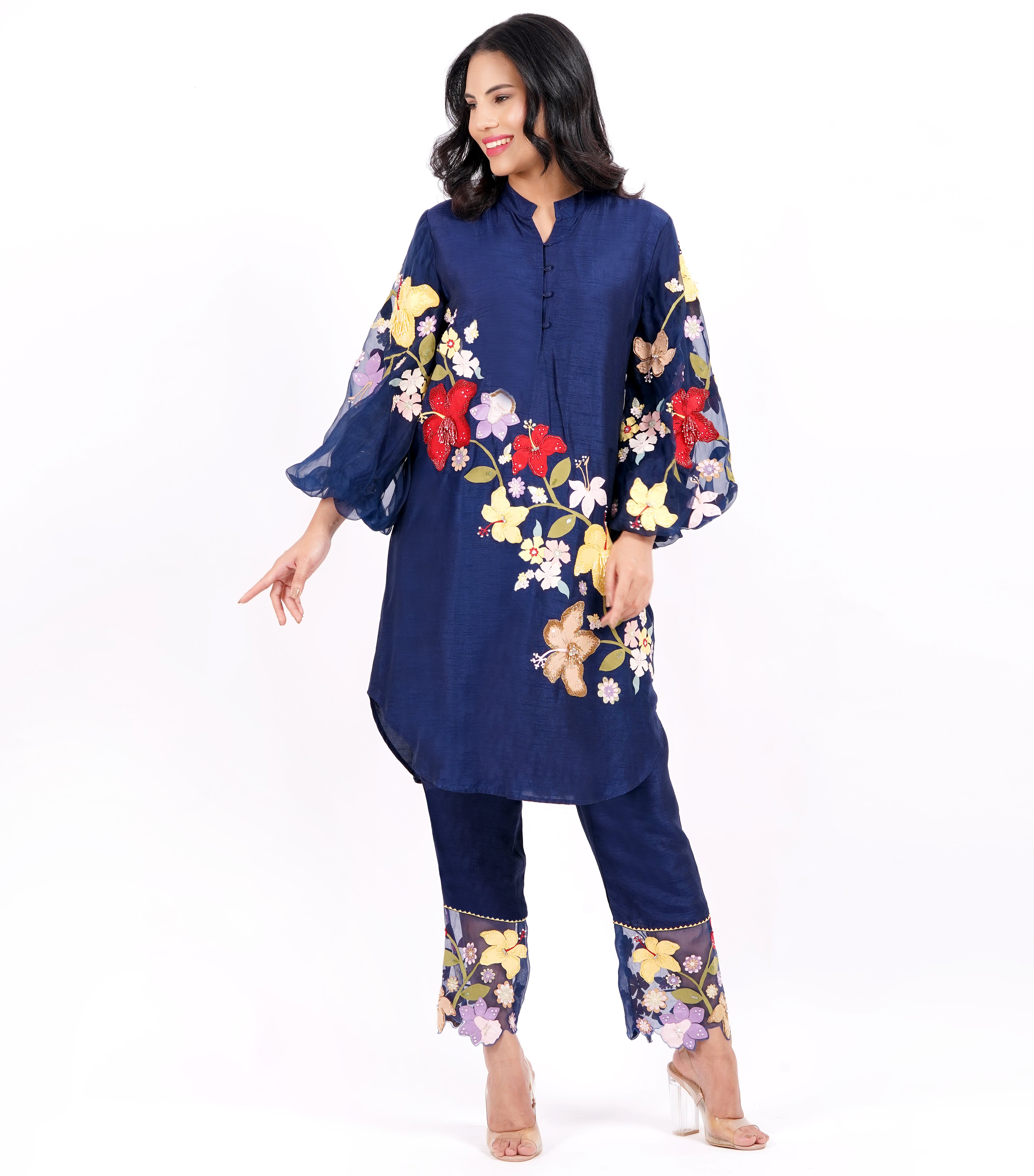 NAVY VALLEY OF FLOWER TUNIC SET