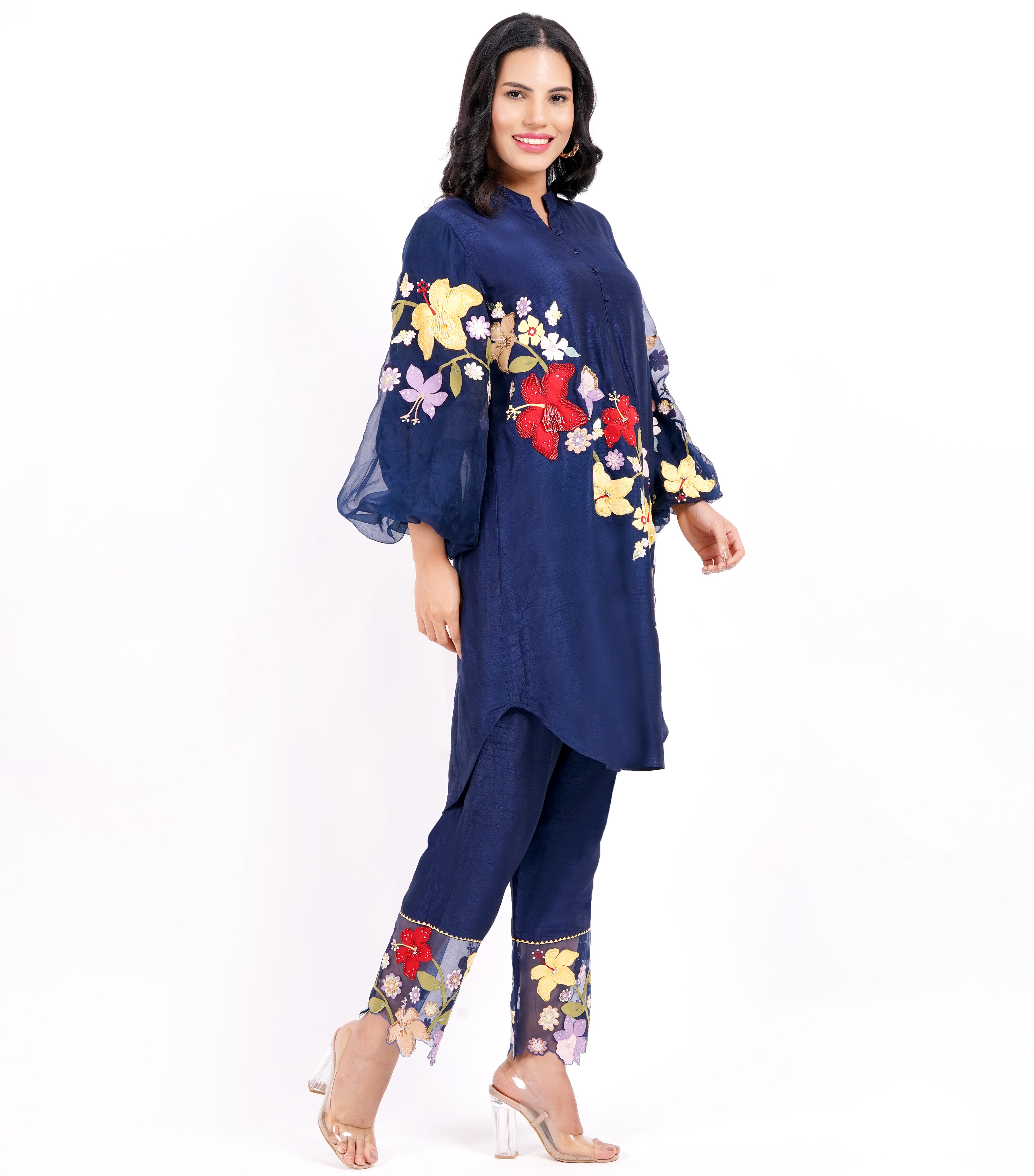 NAVY VALLEY OF FLOWER TUNIC SET