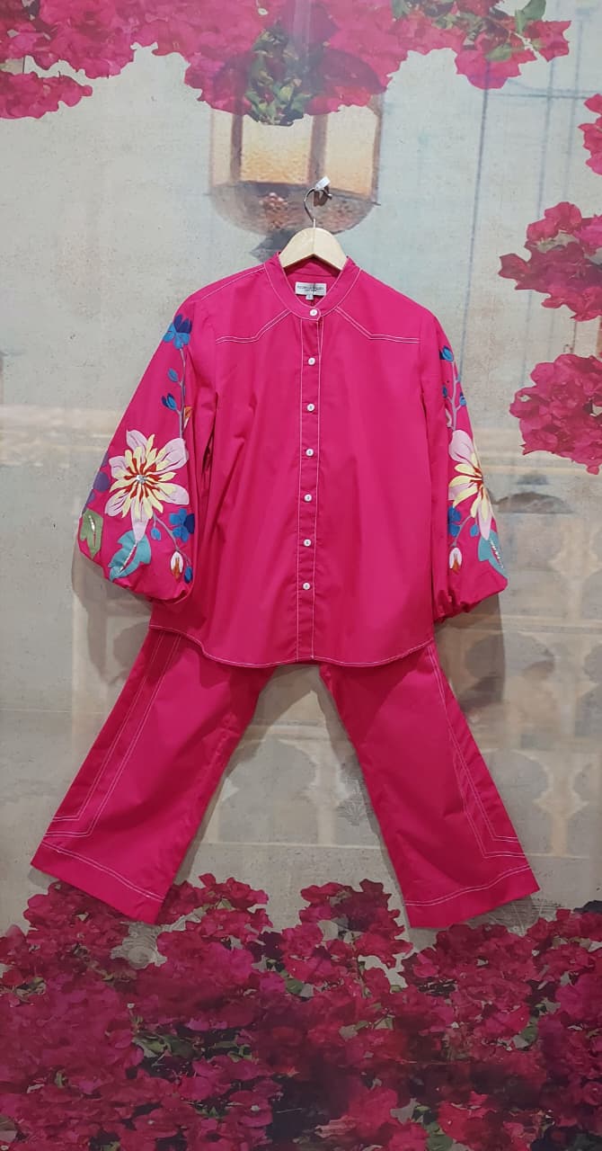 BIG FLOWER CO-ORD SET WITH CHINESE COLLAR AND STITCHLINE PANTS