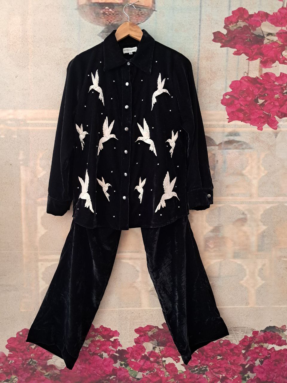 MADHUBALA BIRD AND STONE WORK BLACK VELVET CO-ORD SET