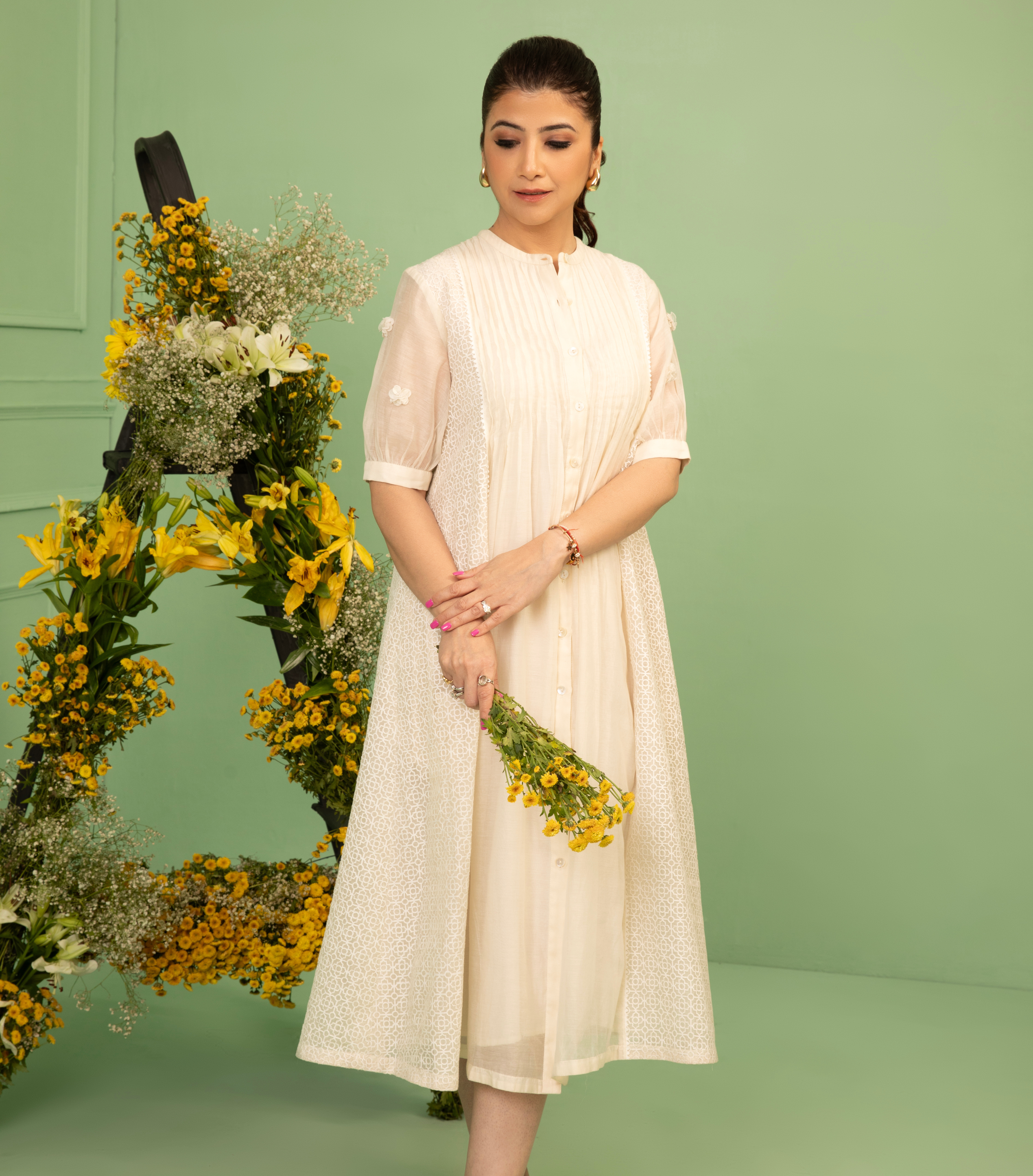 GEOMETRIC PLEATED JAALI DRESS