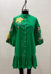 GREEN CHINESE COLLAR BOTANICAL DRESS