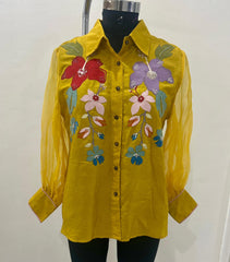 YELLOW FLORAL APPLIQUÉ SILK SHIRT WITH SHEER ORGANZA SLEEVES