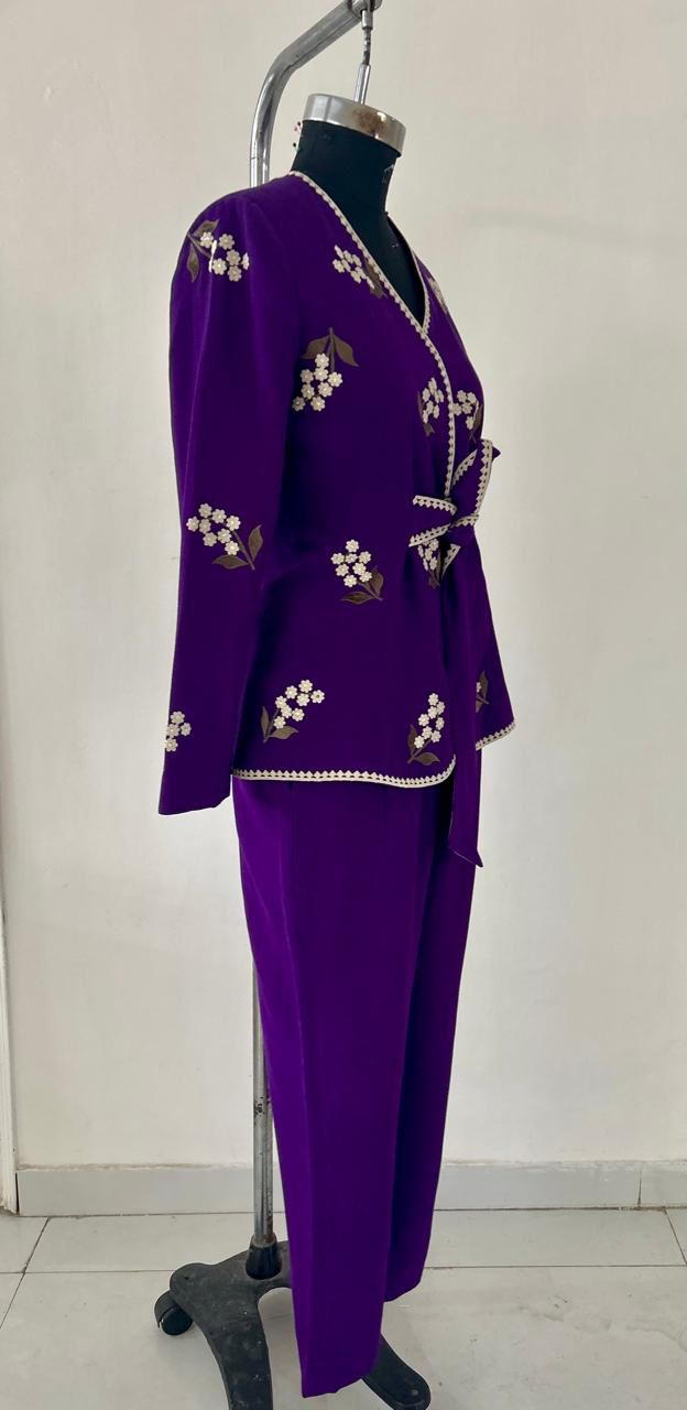 PURPLE TEXTURED TIE UP JACKET SET