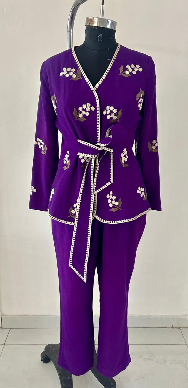 PURPLE TEXTURED TIE UP JACKET SET