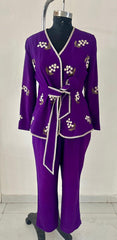 PURPLE TEXTURED TIE UP JACKET SET