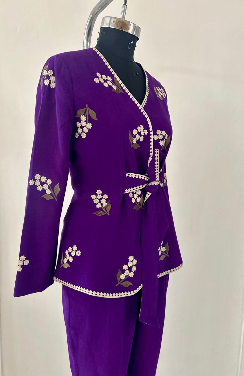 PURPLE TEXTURED TIE UP JACKET SET