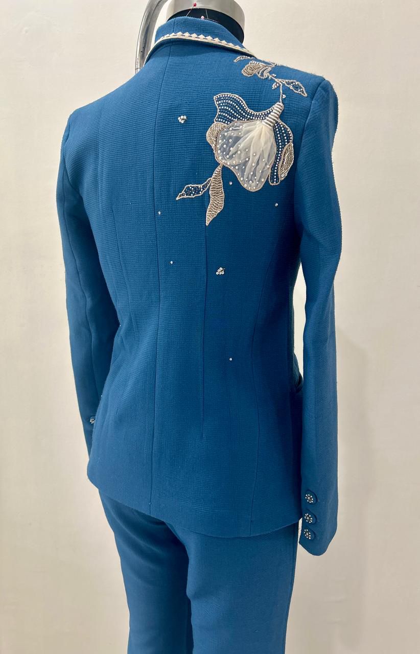 BLUE ORGANZA FLOWER HAND EMBROIDERY JACKET SET