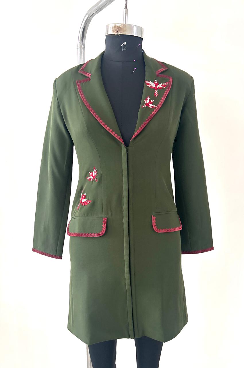 GREEN IMPORTED COTTON FABRIC COAT DRESS WITH BIRD EMBROIDERY