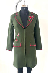 GREEN IMPORTED COTTON FABRIC COAT DRESS WITH BIRD EMBROIDERY