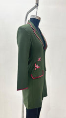 GREEN IMPORTED COTTON FABRIC COAT DRESS WITH BIRD EMBROIDERY