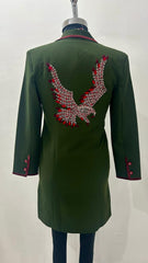 GREEN IMPORTED COTTON FABRIC COAT DRESS WITH BIRD EMBROIDERY