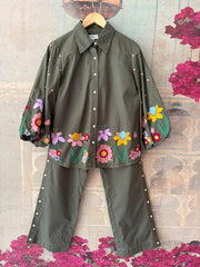 ARMY GREEN BADABAGH CO-ORD SET WITH BUTTON PANTS