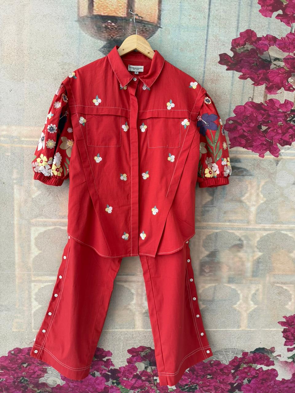 ORANGE BOTANICAL DROP SHOULDER CO-ORD SET WITH BUTTON PANTS