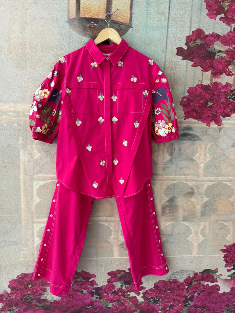 ELECTRIC PINK BOTANICAL DROP SHOULDER CO-ORD SET WITH BUTTON PANTS