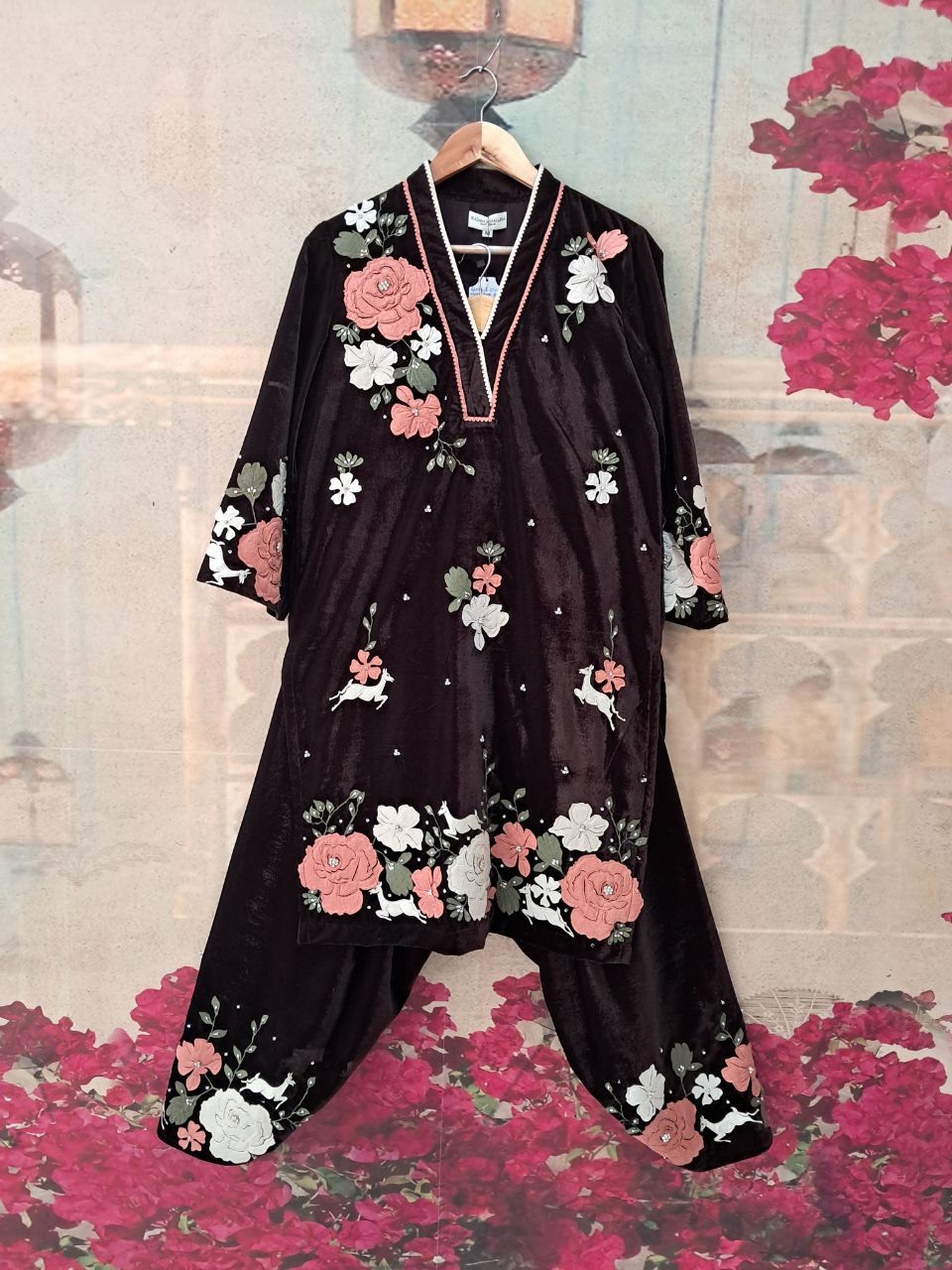 GULAB AND STONE WORK BROWN VELVET KURTA SET