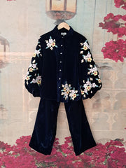 SMALL FLOWER NAVY VELVET CO-ORD SET